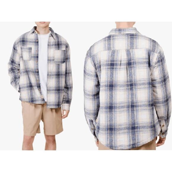 Brooklyn Cloth MFG.Co Youth Sherpa Lined Flannel Shacket L (14-16) Cream Blue - Picture 1 of 7